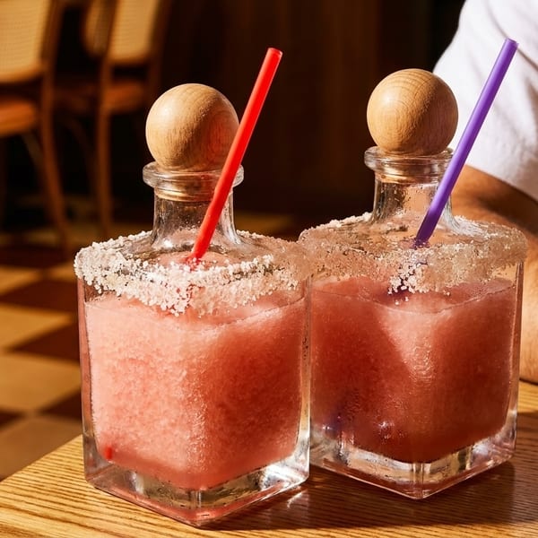 Two square glass bottles with pink frozen drinks, salt rims, and colorful straws on a wooden table.