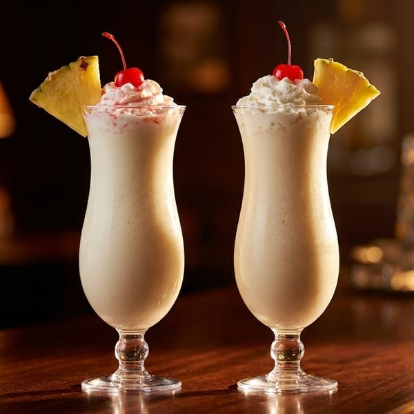Two pina coladas with whipped cream, cherries, and pineapple wedges on a dark wooden bar.