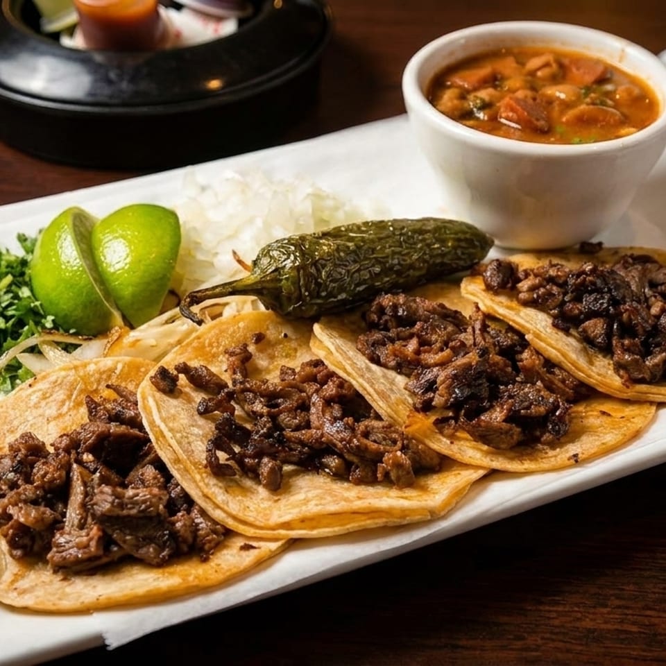 Four street tacos with meat, cilantro, lime, grilled jalapeño, and a side of soup.