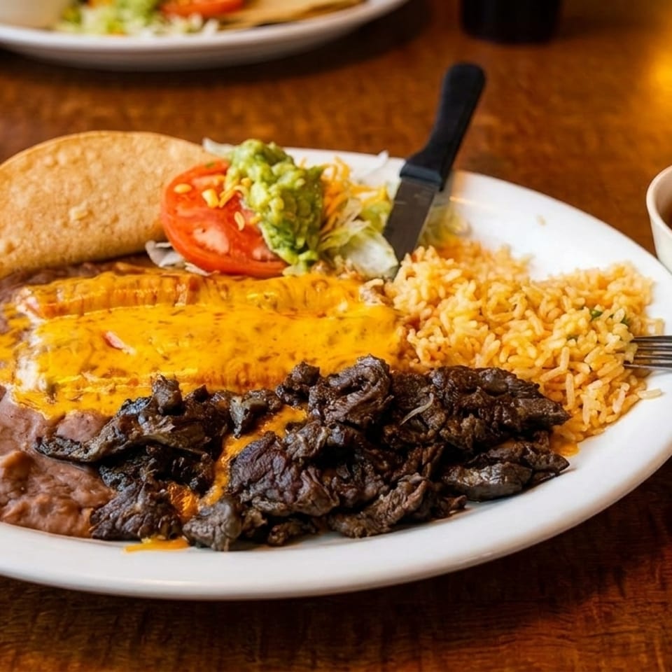 A Mexican combination plate with steak, enchiladas, refried beans, rice, and a taco.
